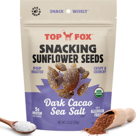 Top Fox dark cacao sea salt sunflower seeds in a resealable bag for on-the-go snacking