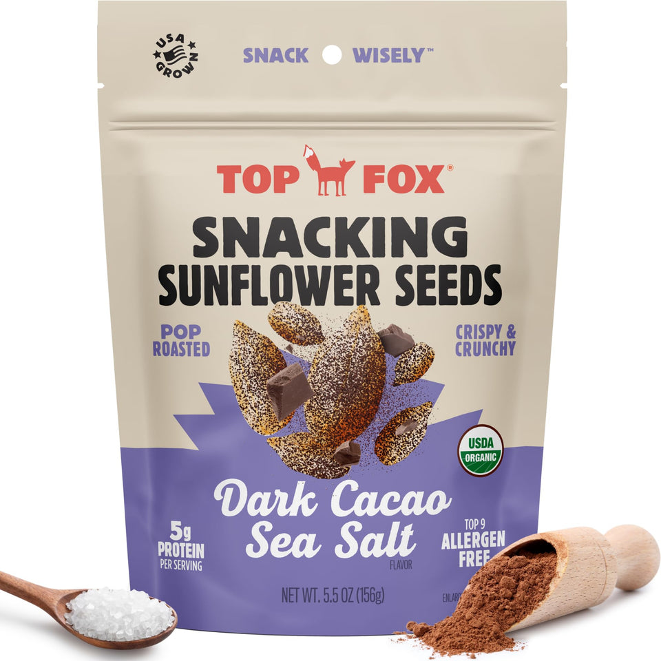 Top Fox dark cacao sea salt sunflower seeds in a resealable bag for on-the-go snacking