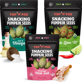 Top Fox pumpkin seeds Himalayan Salt bag showing bold crunch gluten-free snack