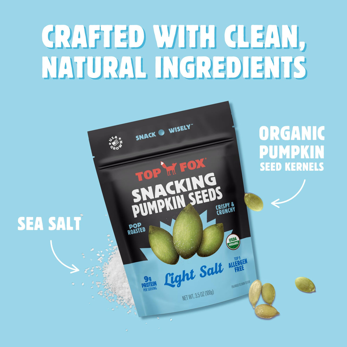 Top Fox Snacks pop-roasted pumpkin seeds deliver crisp, bold crunch.