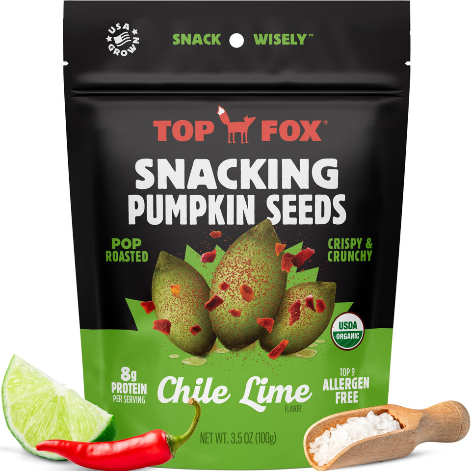 Top Fox pumpkin seeds Chile Lime bag open, a protein-packed gluten-free snack ready to grab.