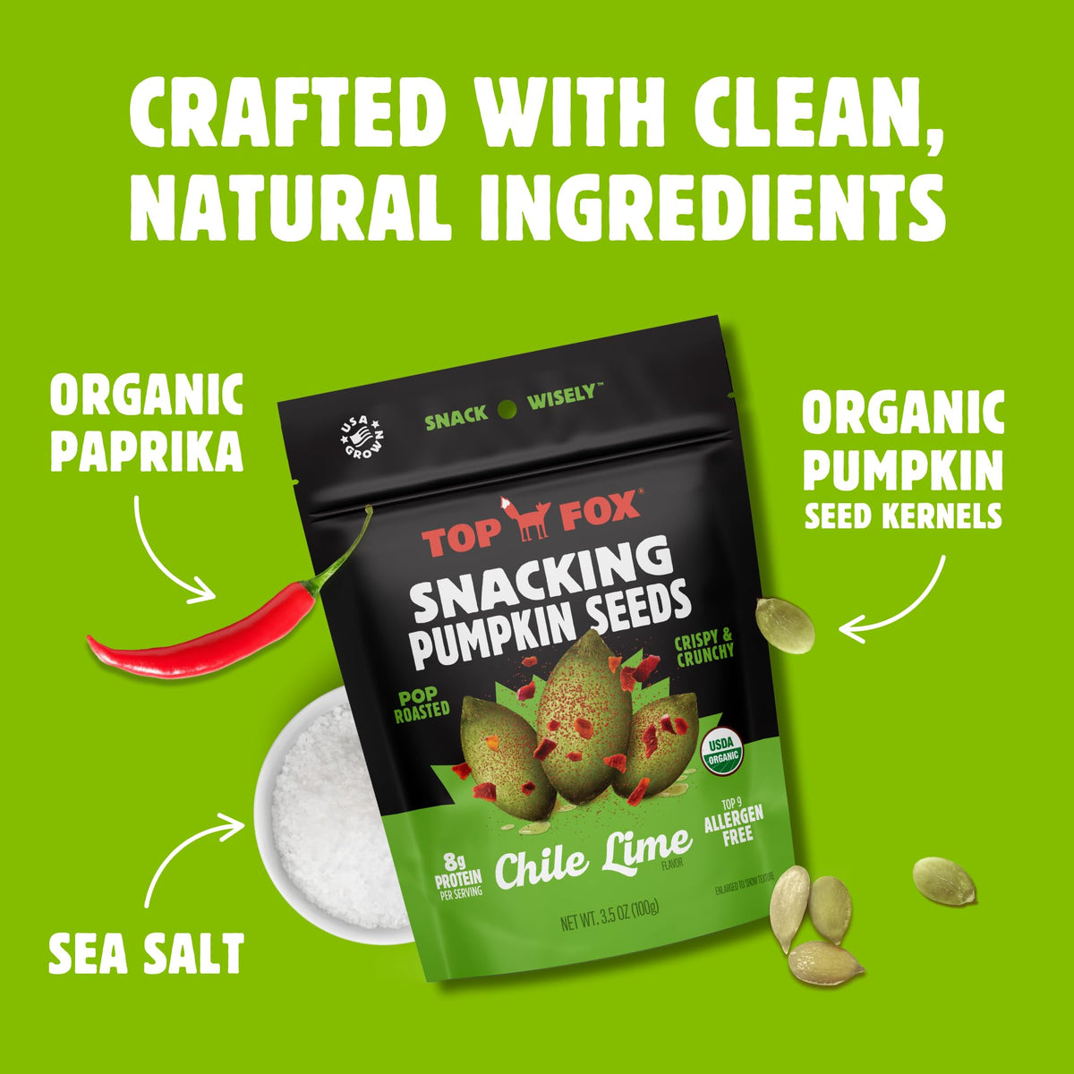Top Fox on-the-go pouch, convenient snack with plant protein for busy days.