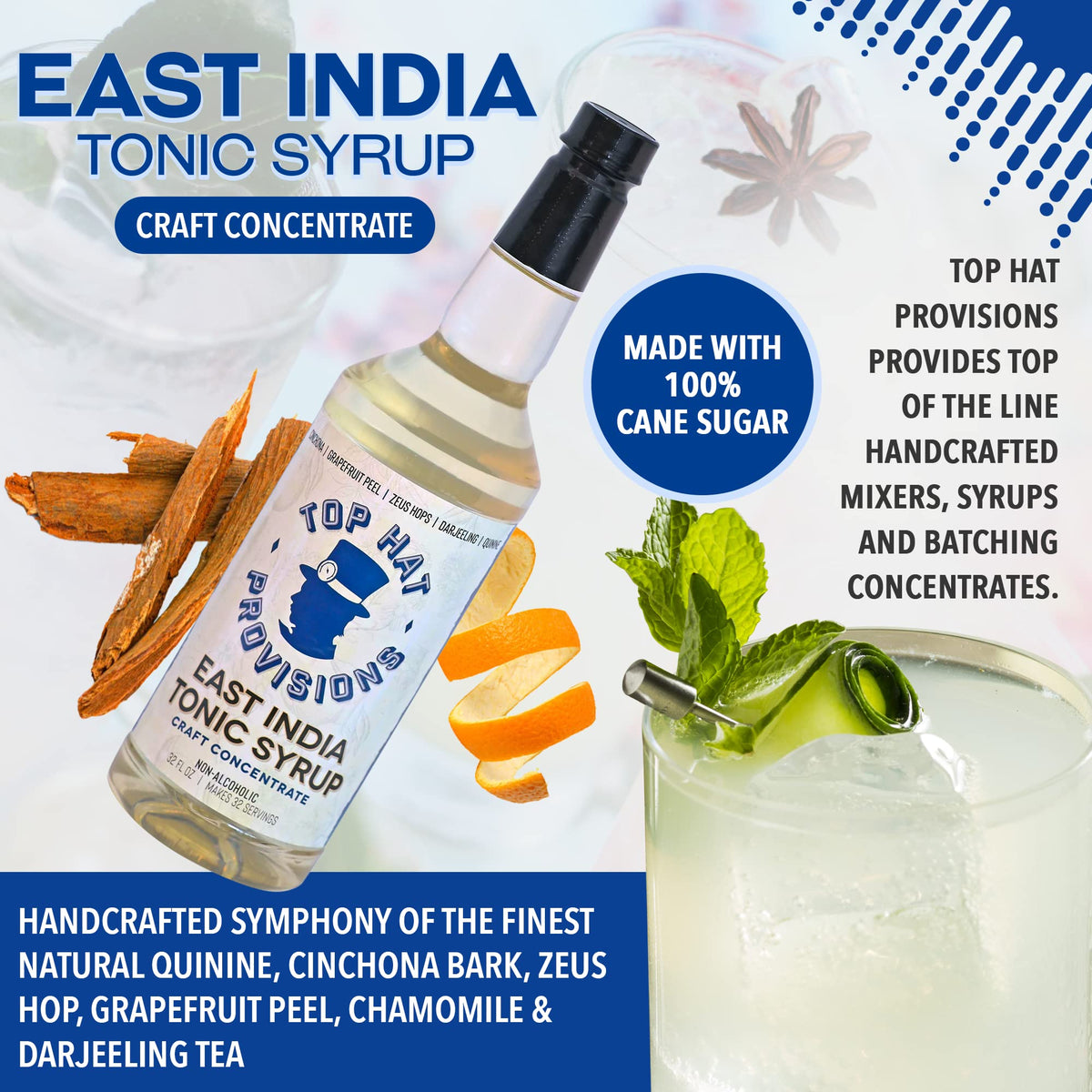 Top Hat East India Tonic Syrup beside a home bar setup for batch mixing.