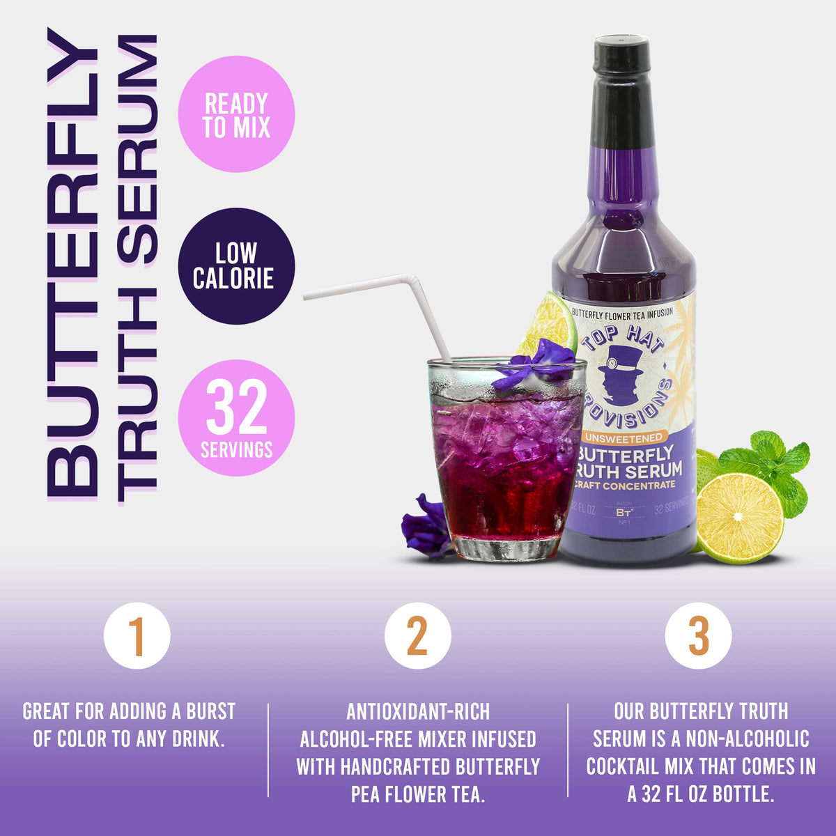 Top Hat Provisions Butterfly Truth Serum bottle label closeup emphasizes artisanal butterfly pea extract for color.