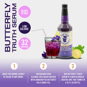 Top Hat Provisions Butterfly Truth Serum bottle label closeup emphasizes artisanal butterfly pea extract for color.