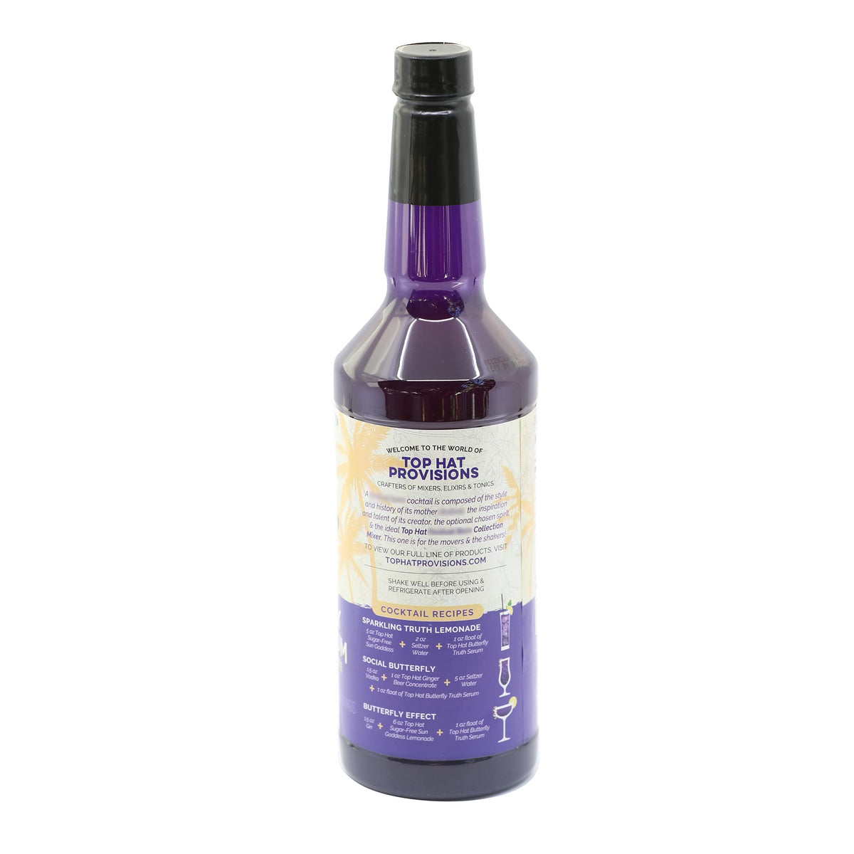 Top Hat Provisions Butterfly Truth Serum bottle side highlights color versatility for juices and mocktails.