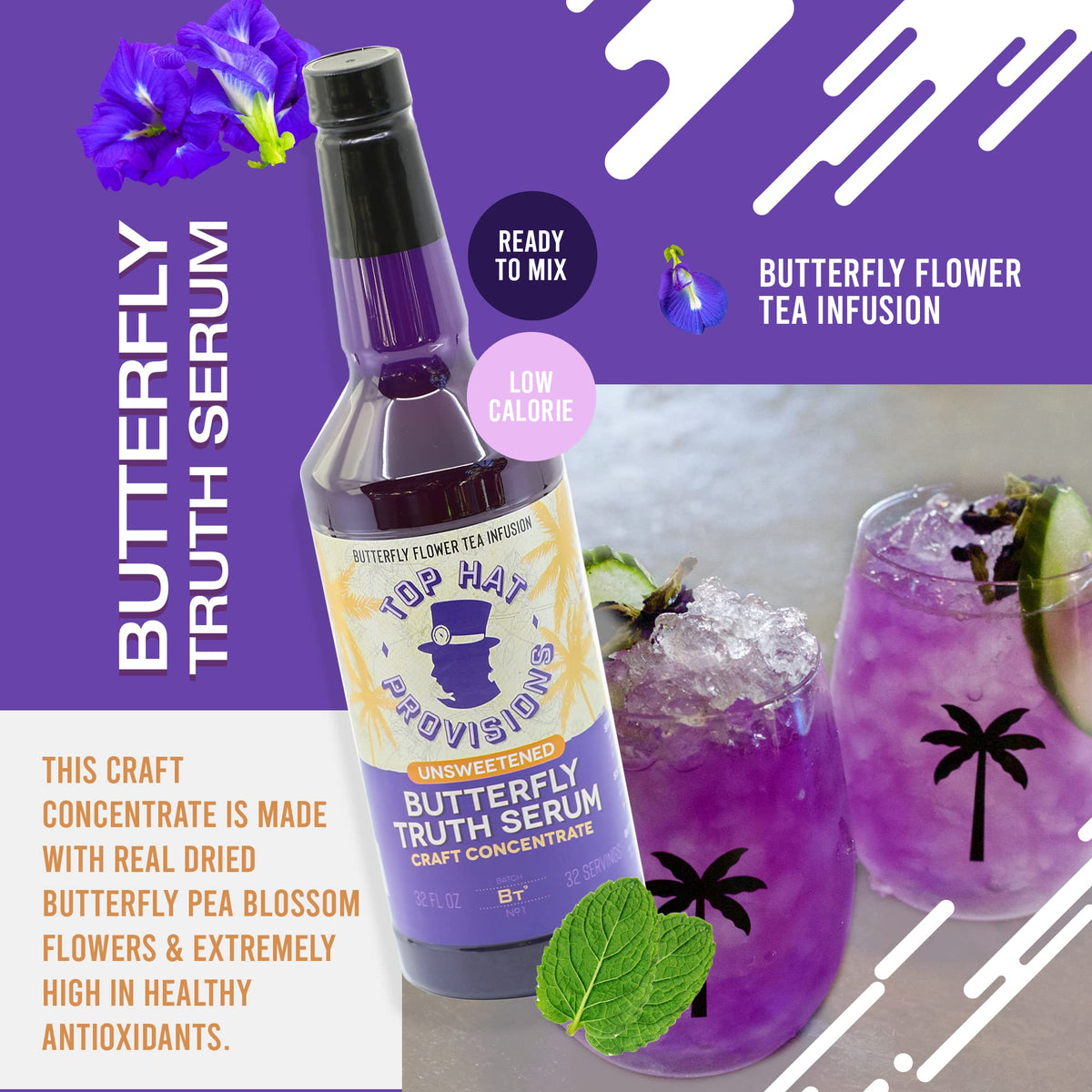 Top Hat Provisions Butterfly Truth Serum ingredient closeup featuring dried butterfly pea petals.