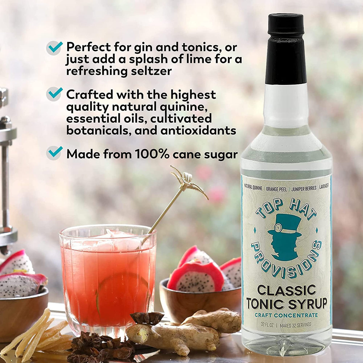 Top Hat Provisions classic tonic bottle highlighting natural ingredients.