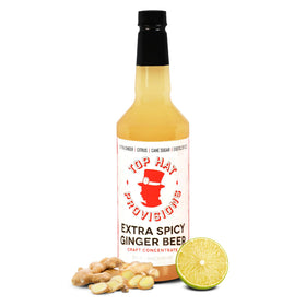 Top Hat Provisions Extra Spicy Ginger Beer Syrup bottle adds bold flavor to craft sodas.