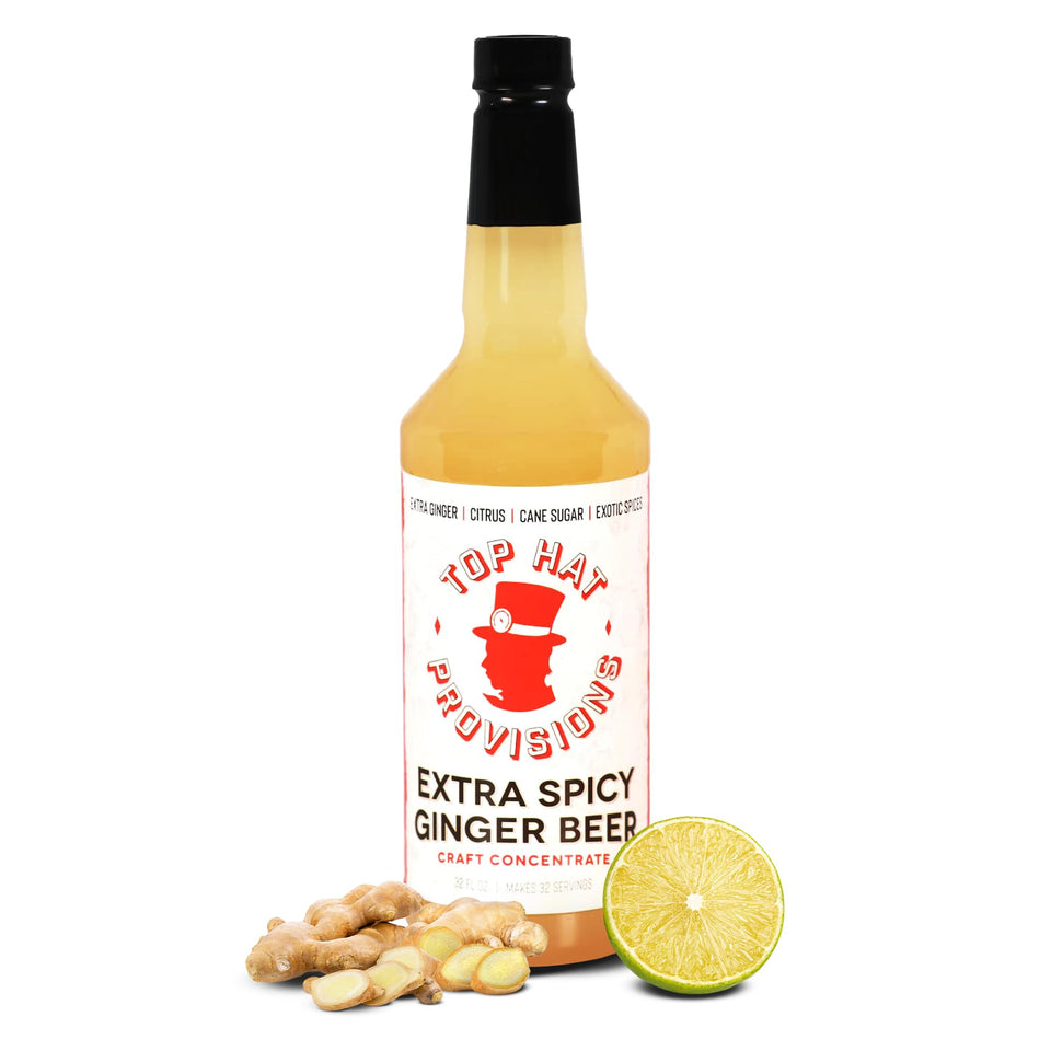 Top Hat Provisions Extra Spicy Ginger Beer Syrup bottle adds bold flavor to craft sodas.