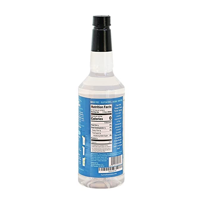 Top Hat Provisions tonic syrup bottle close-up, ideal for quick at-home cocktails.