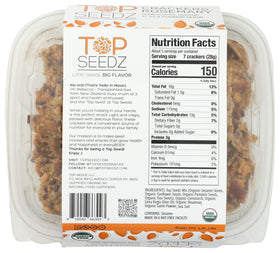 Top Seedz Rosemary Organic Crackers close-up highlights rosemary-seasoned surface and hearty crunch.