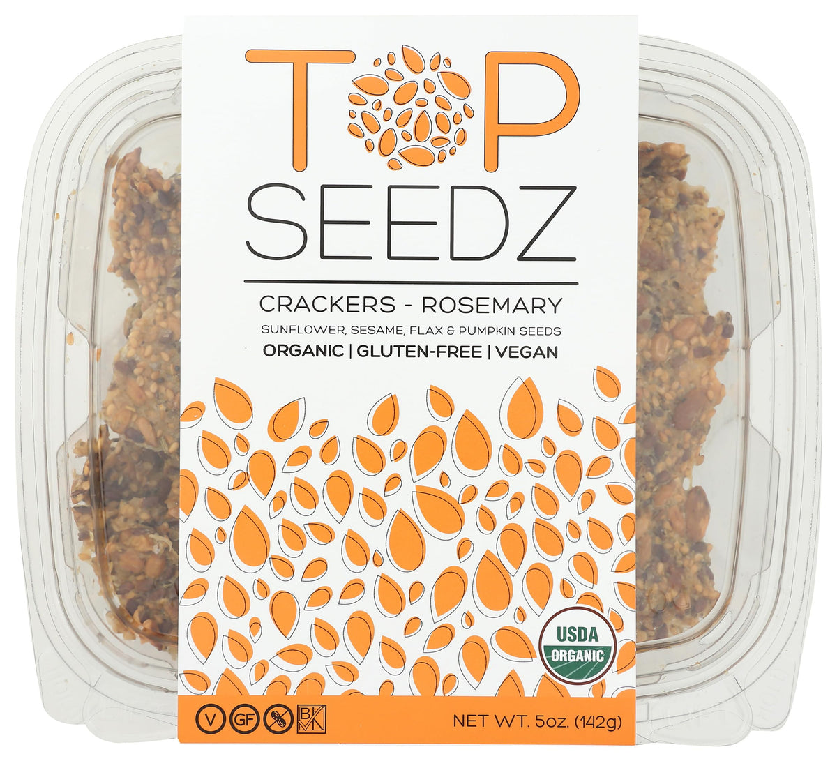 Top Seedz Rosemary Organic Crackers on a 5-ounce pack, crisp and perfect for on-the-go snacking.