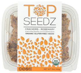 Top Seedz Rosemary Organic Crackers on a 5-ounce pack, crisp and perfect for on-the-go snacking.