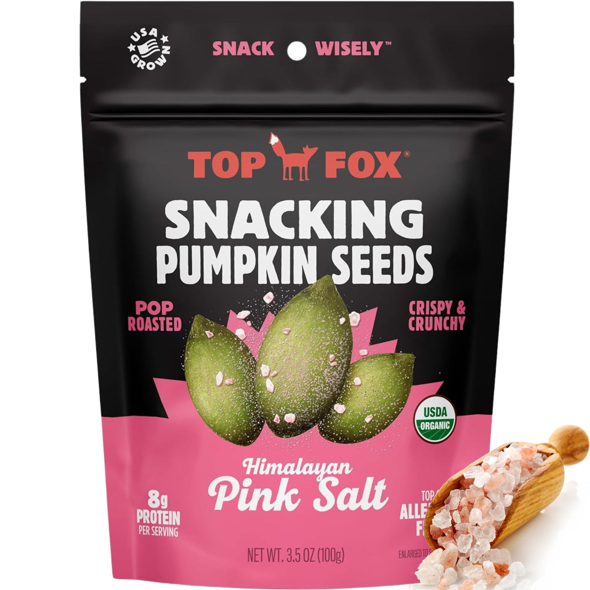 Top Fox pumpkin seeds pop-roasted in a resealable bag for easy snacking.