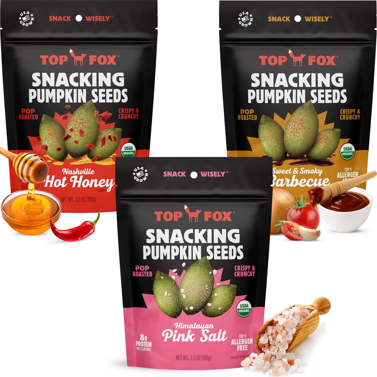 Top Fox Pumpkin Seeds Himalayan Salt bag showcases a protein-rich, crisp snack.