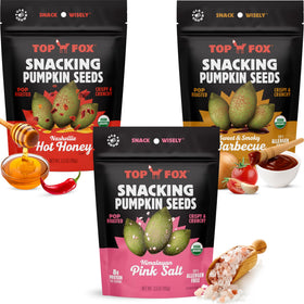 Top Fox Pumpkin Seeds Himalayan Salt bag showcases a protein-rich, crisp snack.
