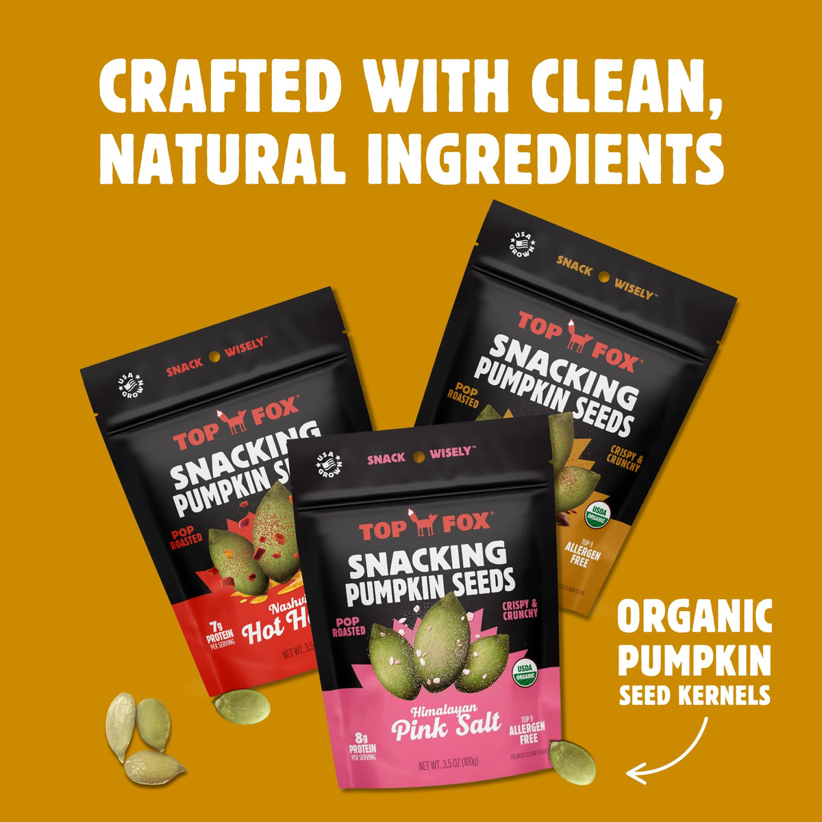 Top Fox Nashville Hot Honey seeds bag highlights spicy crunch for on-the-go snacking.