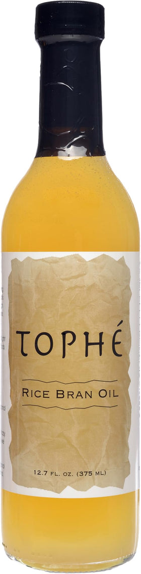 Tophé Rice Bran Oil bottle front view, GMO-free oil designed for high-heat cooking.