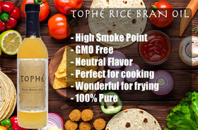 Tophé Rice Bran Oil bottle label shows unfiltered, minimally processed oil.