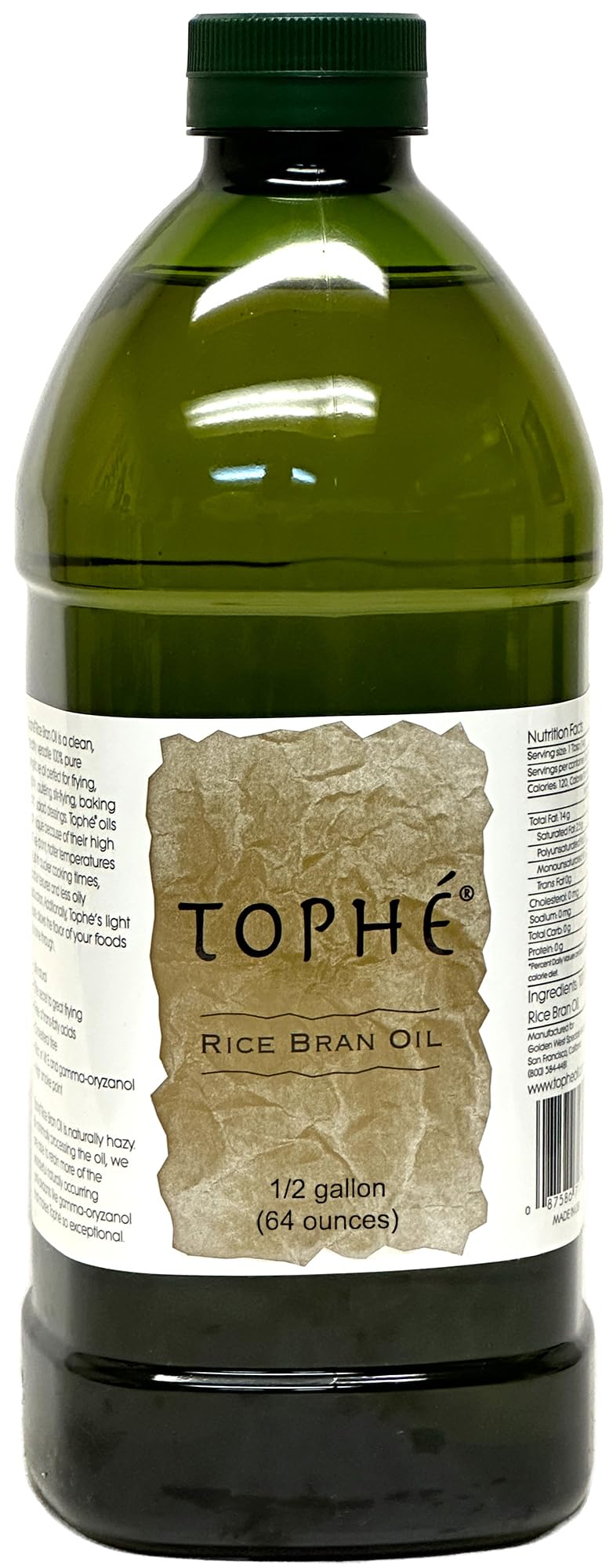 Tophé Rice Bran Oil bottle on counter offers a versatile, heart-healthy option for everyday cooking.