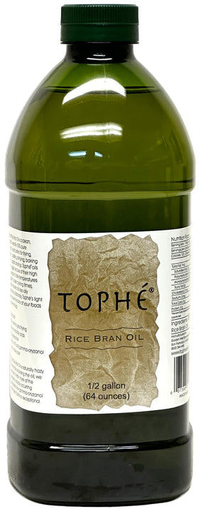 Tophé Rice Bran Oil bottle on counter offers a versatile, heart-healthy option for everyday cooking.