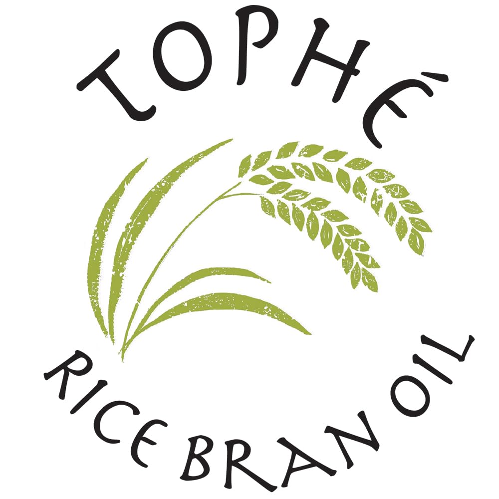 Tophé Rice Bran Oil ingredient label highlights non-GMO rice and unfiltered oil.
