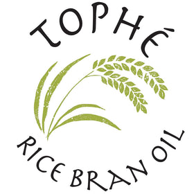Tophé Rice Bran Oil ingredient label highlights non-GMO rice and unfiltered oil.