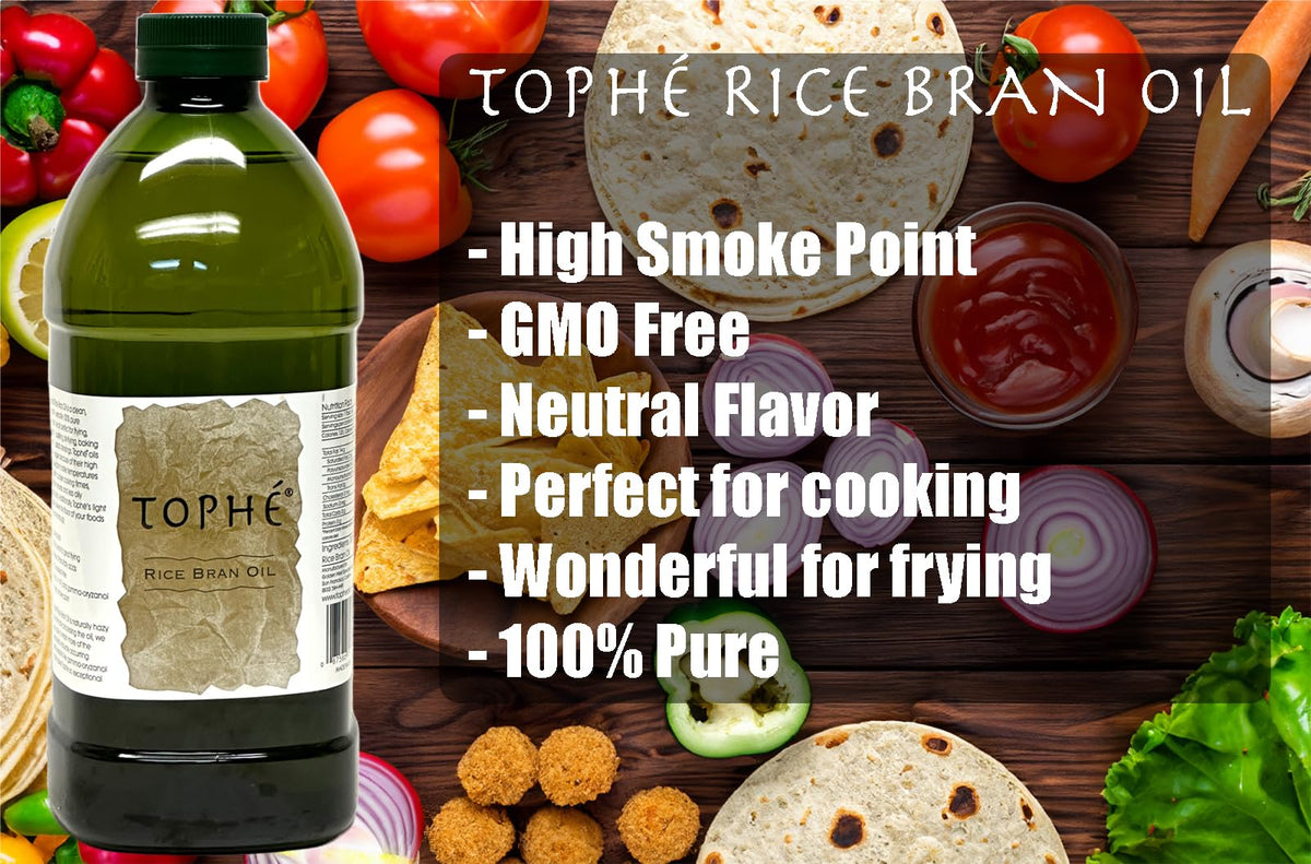 Tophé Rice Bran Oil pouring shows smooth flow for high-heat sautéing.