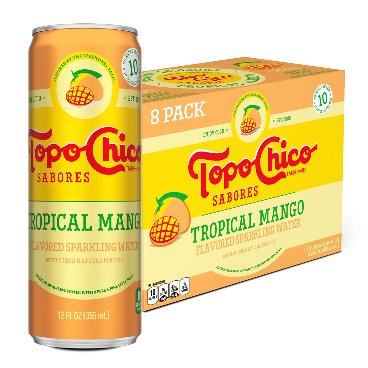 Topo Chico Sabores Tropical Mango can front view with crisp bubbles and mango flavor