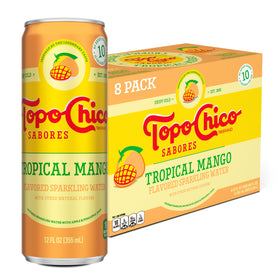 Topo Chico Sabores Tropical Mango can front view with crisp bubbles and mango flavor