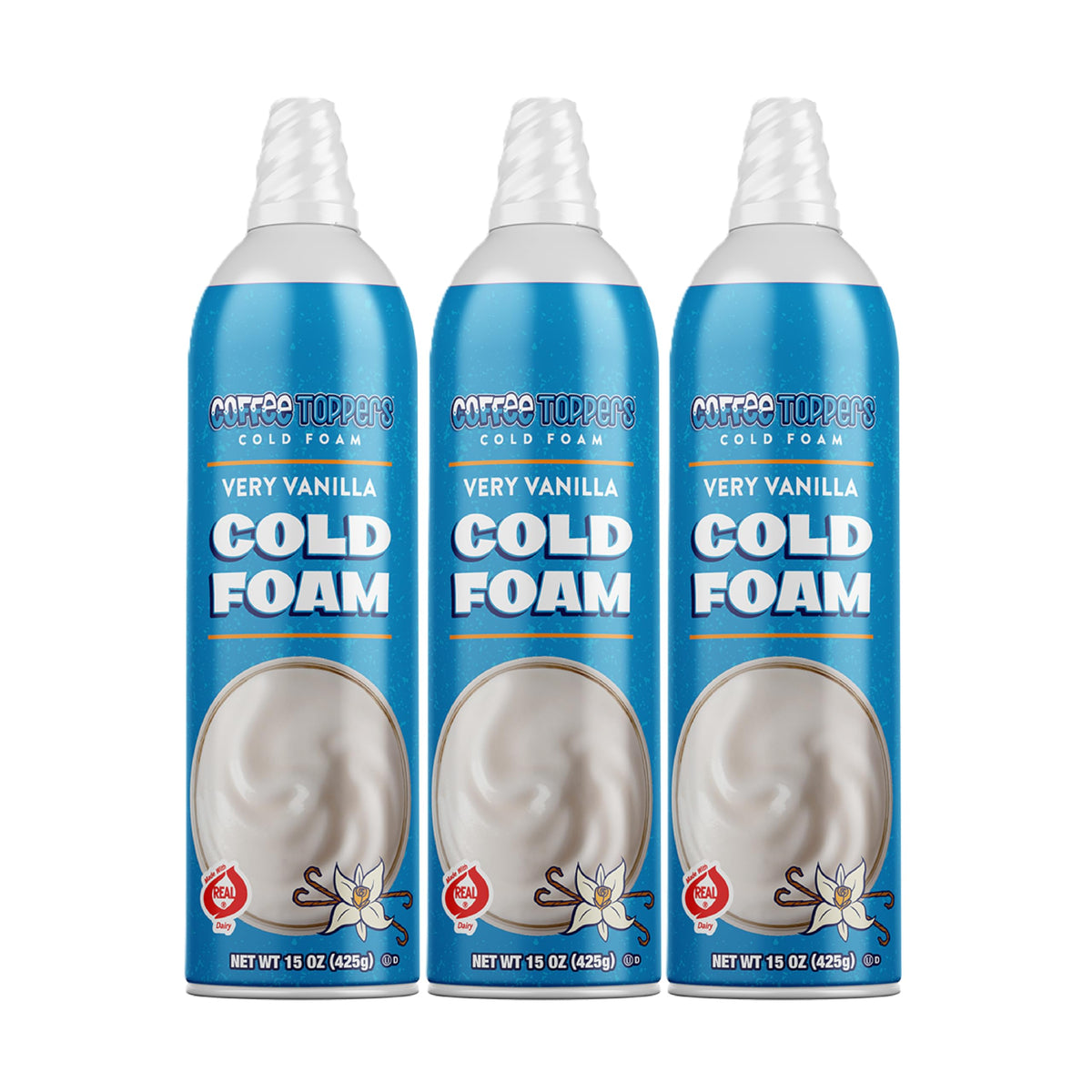 Toppers Coffee Foam Vanilla can atop a latte, delivering silky vanilla foam