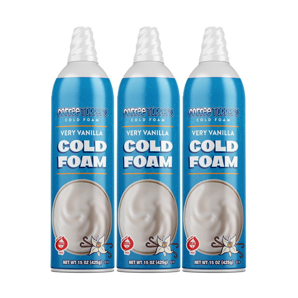 Toppers Coffee Foam Vanilla can atop a latte, delivering silky vanilla foam