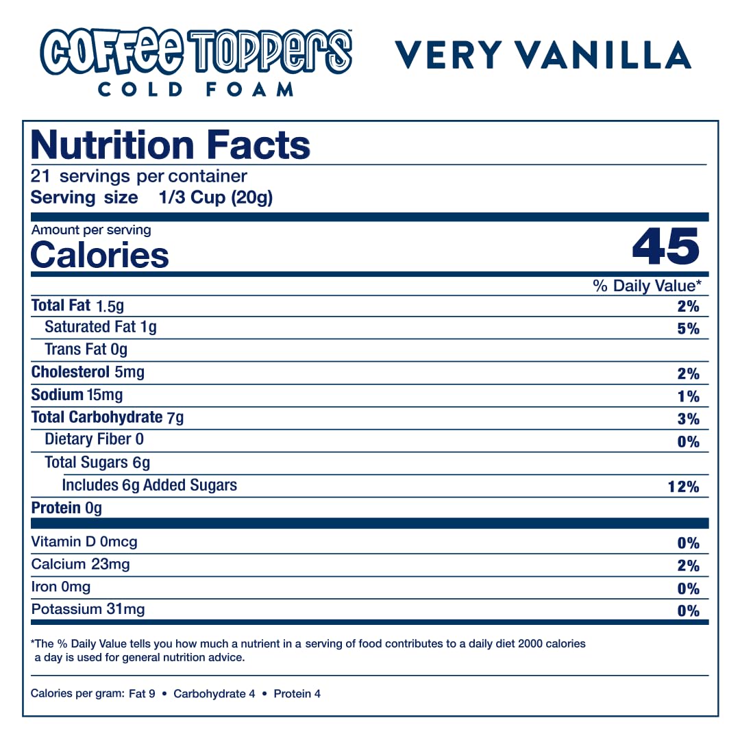 Kosher certified and gluten-free Toppers Coffee Foam Vanilla packaging label