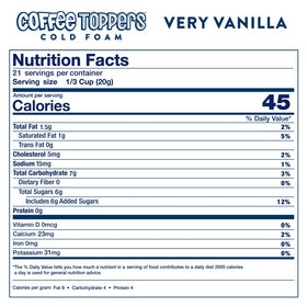 Kosher certified and gluten-free Toppers Coffee Foam Vanilla packaging label