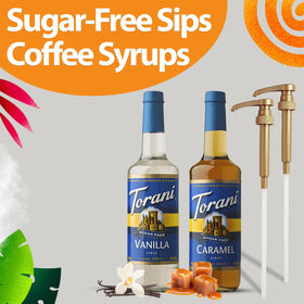 Torani 25.4 oz bottles with pumps simplify pouring into coffee and sodas.