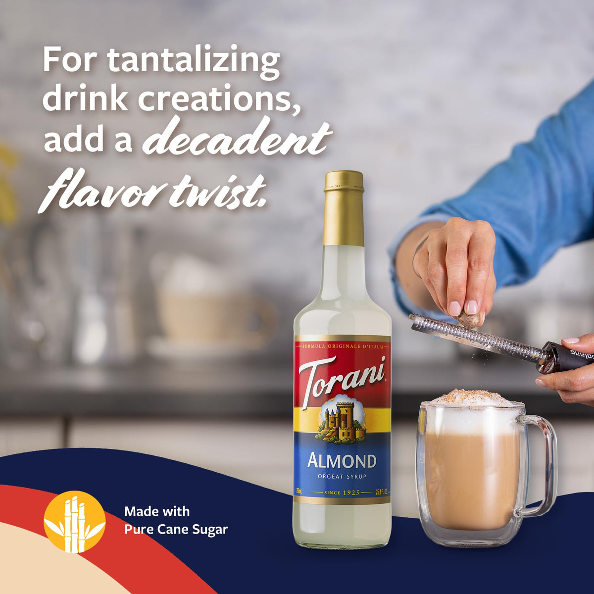 Torani Almond Orgeat Syrup bottle on kitchen counter ready for use in beverages.