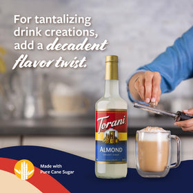 Torani Almond Orgeat Syrup bottle on kitchen counter ready for use in beverages.