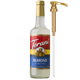 Torani Almond Orgeat Syrup bottle with pump for precise, mess-free coffee flavoring.