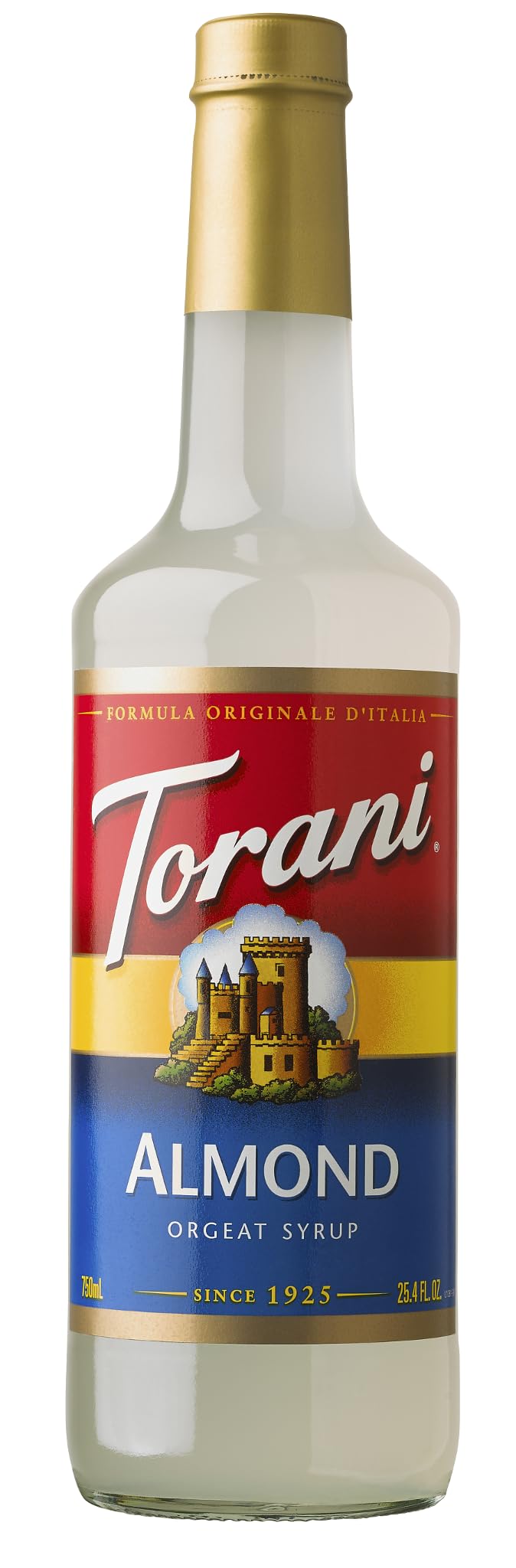 Torani Almond Orgeat Syrup bottle for cocktails and desserts, enhances almond flavor gracefully.
