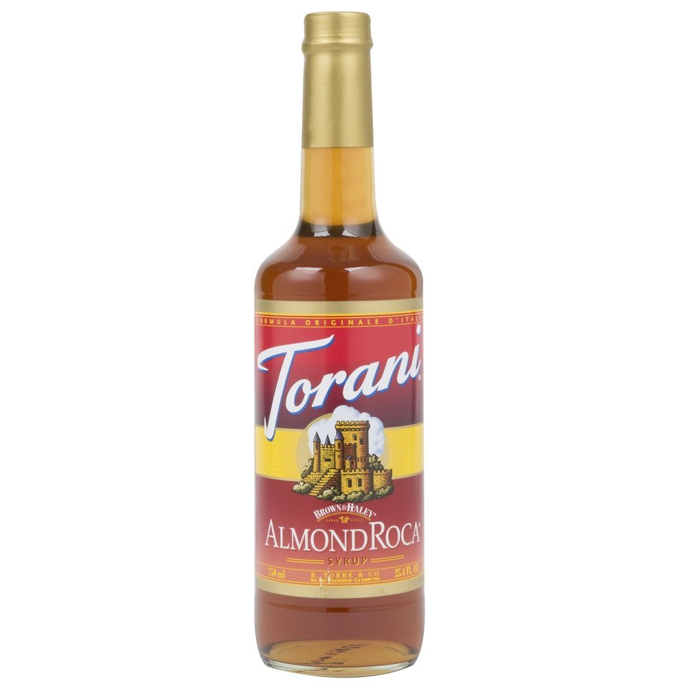 Torani Almond Roca Syrup bottle pour for espresso and desserts