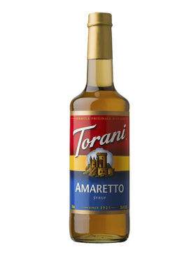Torani Amaretto Syrup bottle front enhances coffee flavor and desserts.