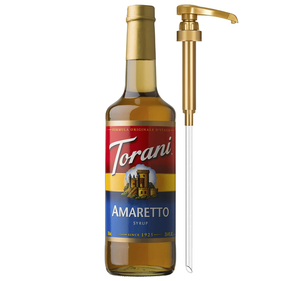 Torani Amaretto Syrup bottle with pump, ideal for cafe-style coffee flavoring