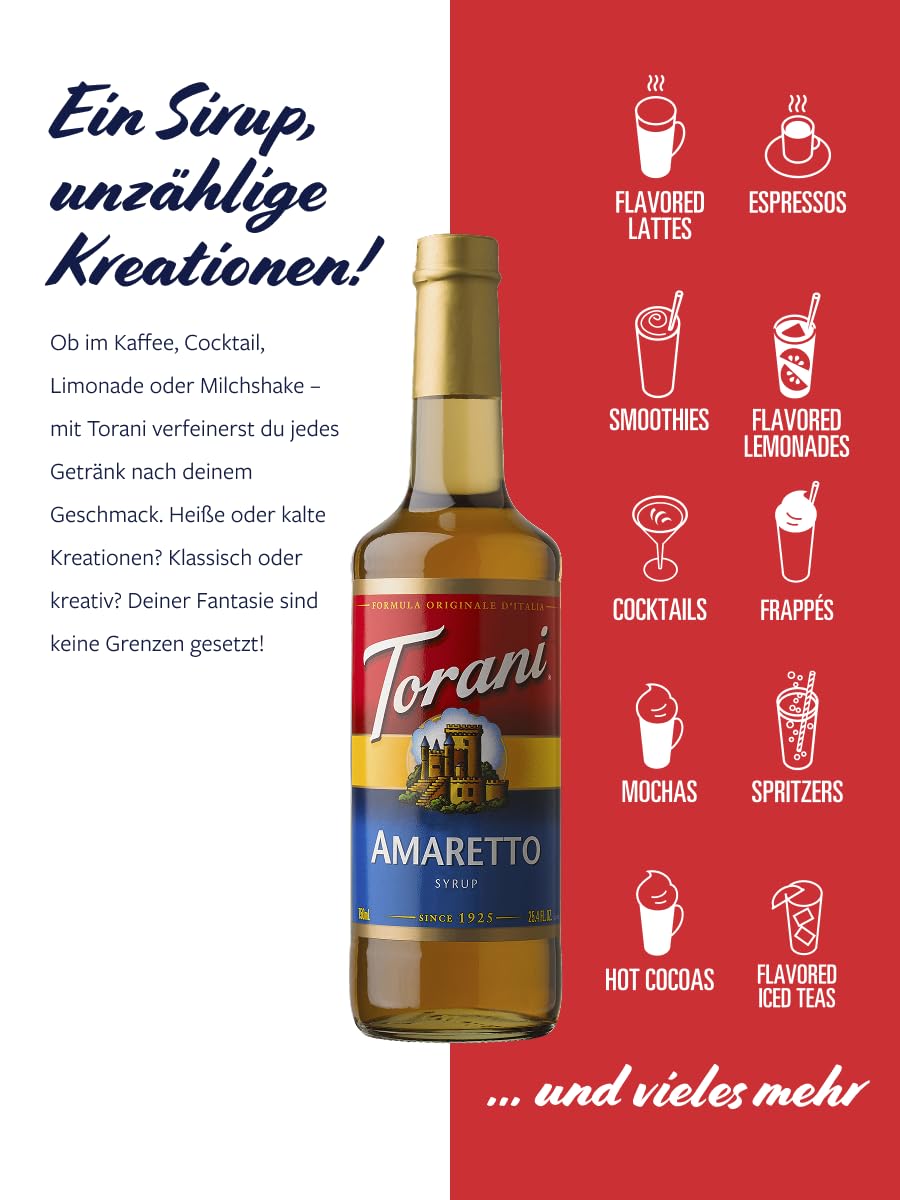 Torani Amaretto Syrup pours into coffee for layered flavor.