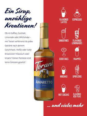 Torani Amaretto Syrup pours into coffee for layered flavor.