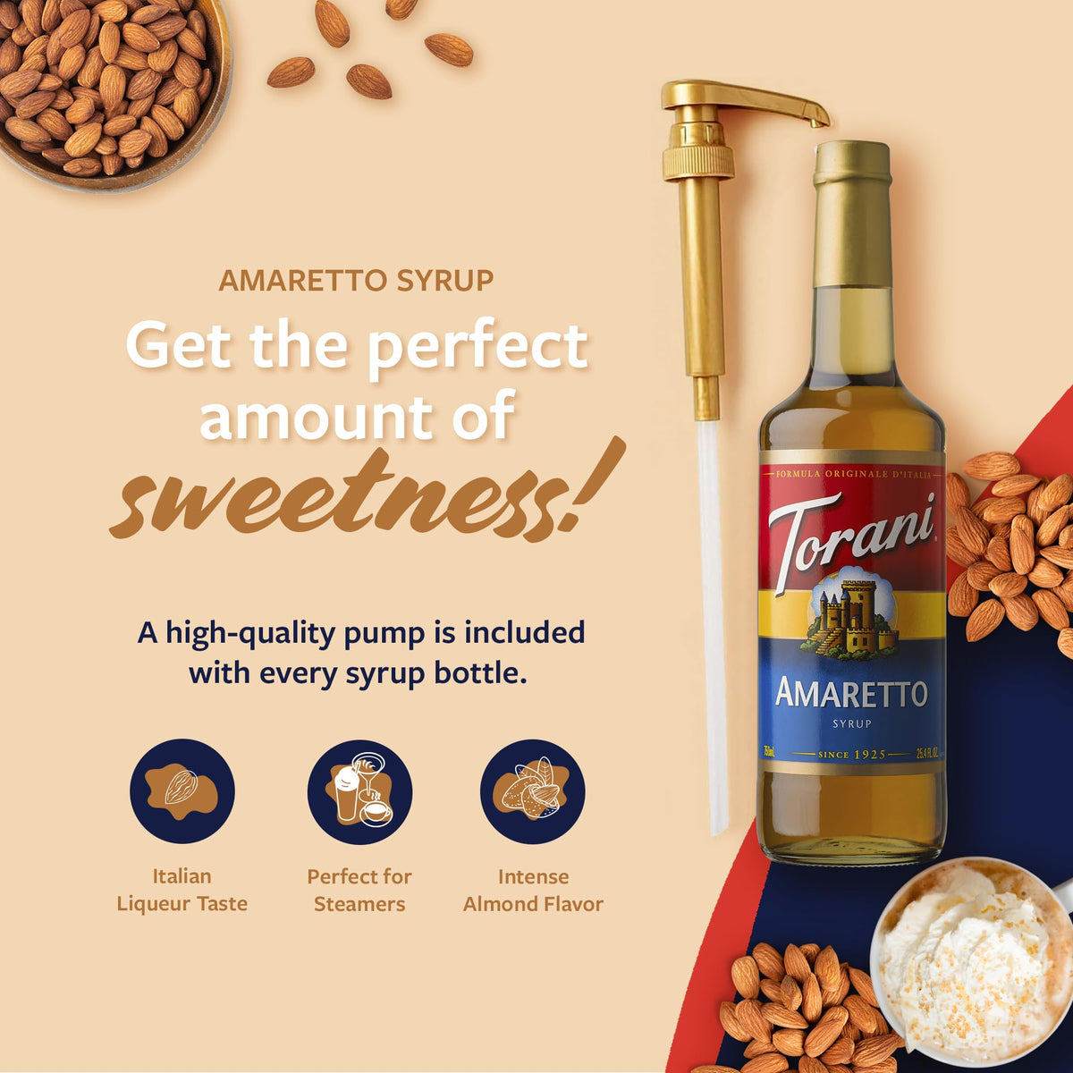 Pouring Torani Amaretto into coffee for a balanced, non-alcoholic note