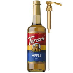 Torani Apple Syrup bottle with pump for easy, mess-free flavoring.