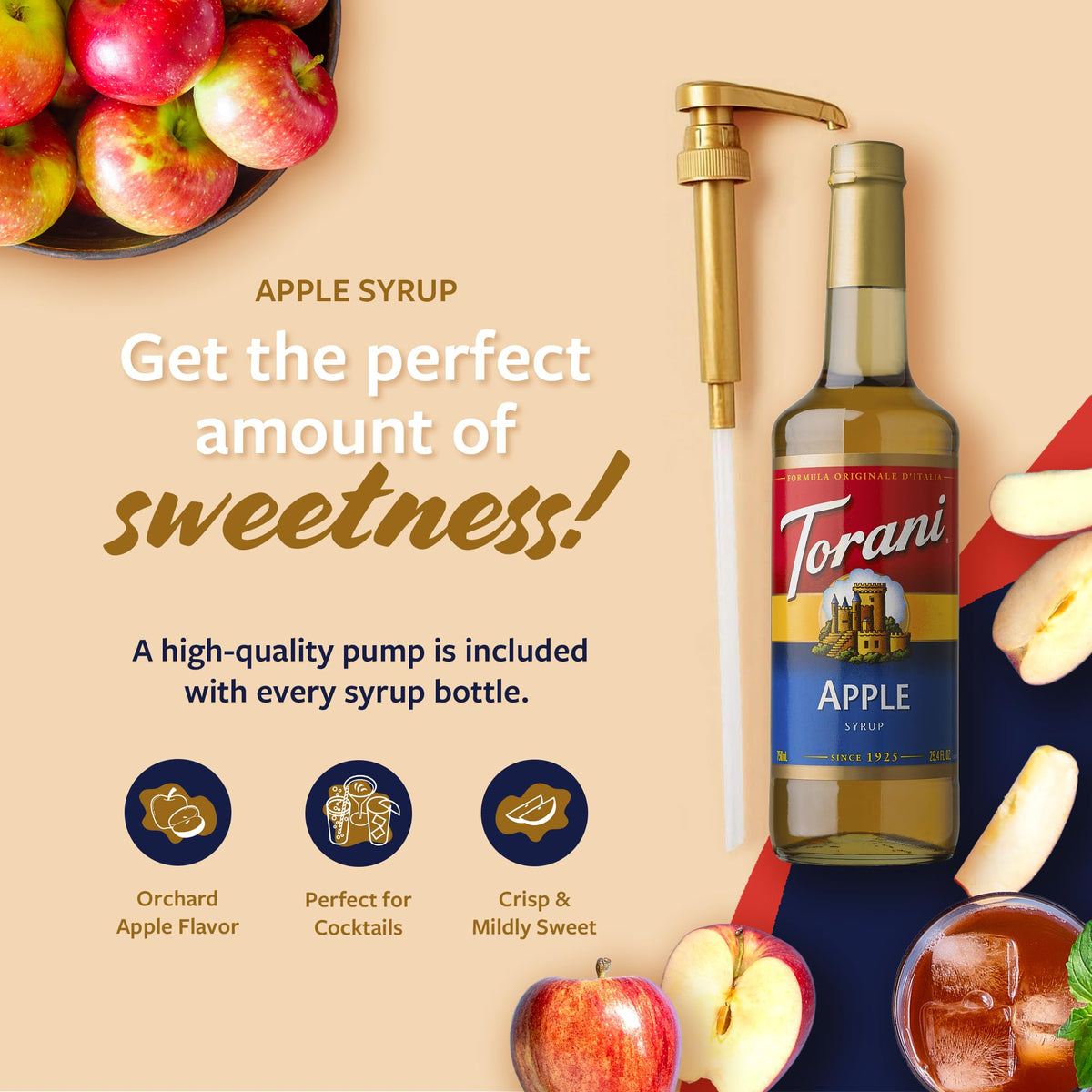 Torani apple syrup being poured to enhance a cocktail.