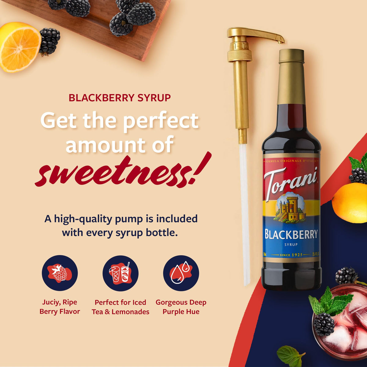 Close-up of Torani Blackberry Syrup with fresh blackberries
