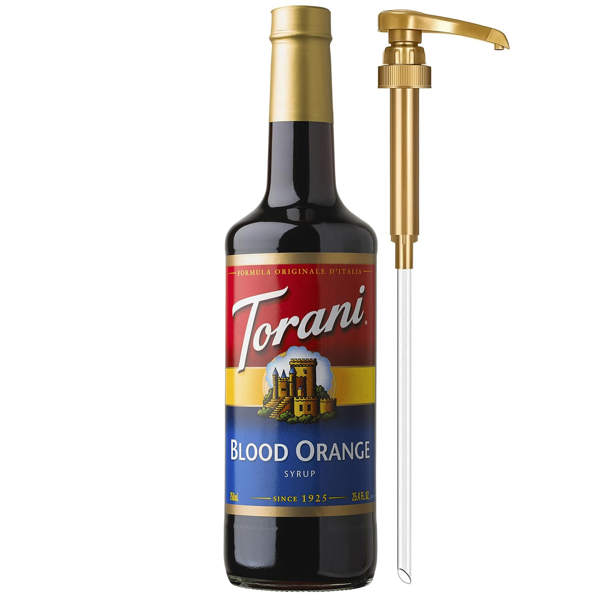 Torani Blood Orange Syrup bottle with pump for easy, mess-free flavoring.